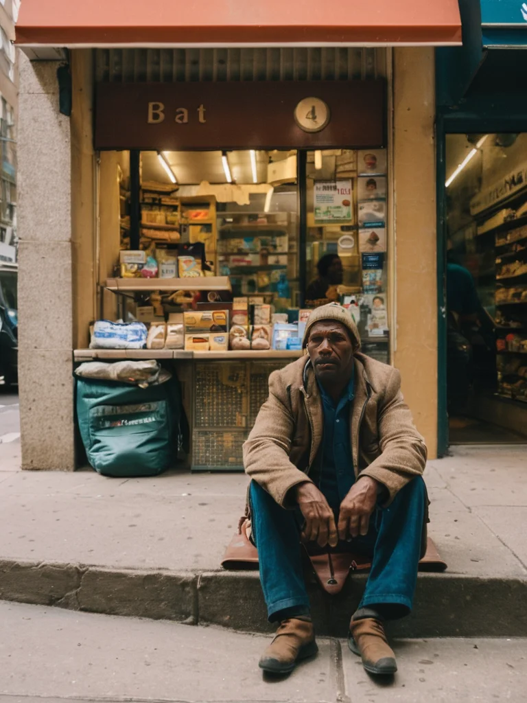 a man without work and livelihood sits on the sidewalk near a store in a noisy city