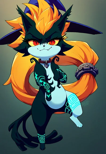 Midna imp form (score_9, score_8_up), score_7_up, score_6_up, (feral), 1girl, cute, cat girl, furry, anthro, solo, witch hat, (body fur), (black body, black skin, black fur), eyelashes, eyeliner,,orange hair, red eyes, yellow sclera), (long hair, messy hair, wild hair), animal ears, smirk, stripes, slit pupils, beautiful eyes, thin tail, tail ring, punk, piercings, collar, paws, uncensored solo, hat, witch hat