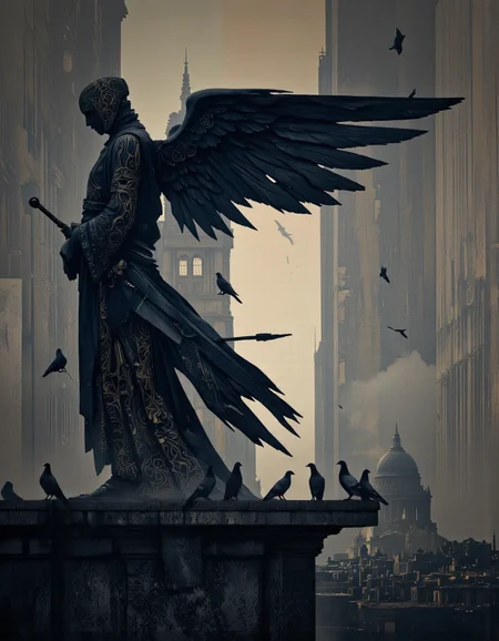 Art par Alexey Egorov. Une illustration numérique sombre et de mauvaise humeur tire sous un angle bas sur une représentation stylisée d'une figure avec des ailes et une épée, entourée de pigeons, dans une toile de fond d'un paysage urbain brumeux avec de grands bâtiments et des dômes. Au centre de l'image, une grande figure ailée semble se tenir debout, ses ailes se propagent largement, face au spectateur. La silhouette porte une longue robe ornée avec des motifs complexes, et a une paire de pieds nus et une longue épée reposant sur ses genoux. À droite de la figure, plusieurs pigeons sont perchés sur un rebord de pierre, levant les yeux vers la silhouette. La scène se déroule dans un environnement sombre et brumeux, avec un paysage urbain lointain visible en arrière-plan.