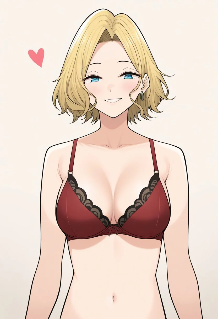 score_9, score_8_up, score_7_up, source_anime,(extremely detailed CG), (best quality),
1girl, blonde hair, jewelry, earrings, smile, blue eyes, solo, short hair, meme, portrait, heart, simple background, reina, perm,bra, breasts,navel,