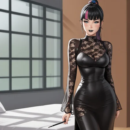 <lora:punchline_pony_v1:.8> Punchline, 1girl, black hair, medium breasts, ponytail,  long hair,  bangs, multicolored hair,, black lipstick,eyeshadow, cowboy shot, <lora:1013 Home wear 30_v1_pony:1> ruanyi1013,black dress,floral print,long dress,long sleeves,see-through dress,skin tight,lace