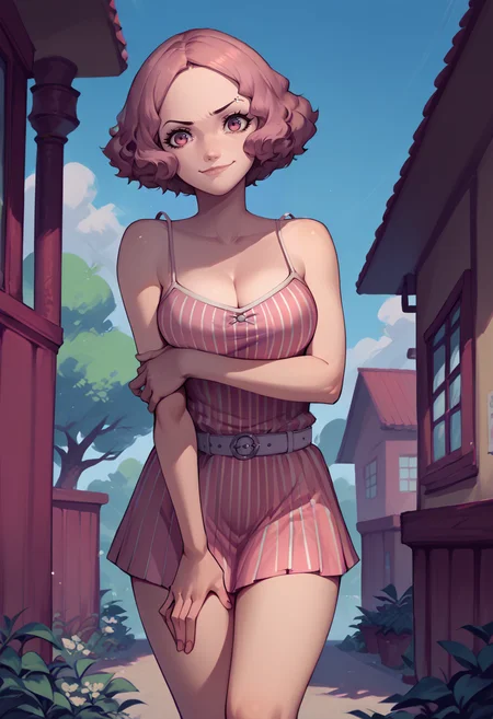 score_9, score_8_up, score_7_up, 1girl, looking at you, smirk, raised eyebrow, arm under breasts, hand on thigh, <lora:HaruP5-pdxl:1> p5sHaru, short hair, short pink dress, striped dress, cleavage, bare shoulders, spaghetti strap, white belt, belt buckle, outdoors, bare legs