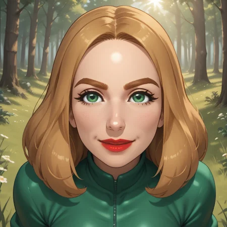 score_9, score_8, BREAK, solo, wii, mii, wii sports, 1girl, female mii, blonde hair, dark blonde eyebrows, green eyes, red lips, lipstick, dark green clothing, white pants, shoes, breasts, nintendo mii, modern_mii, classic_mii, Juliette_(Wii_Sports), cute, sexy pose, self portrait, smile, outdoors, sunlight, shadows, evening lighting, natural lighting, forest, trees, grass, orange sky, sunset