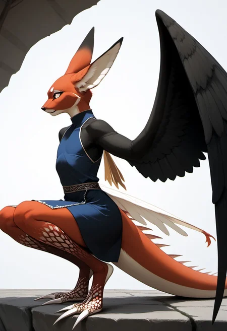 1person, Palagiri, long toes, nimble toes, handfeet, anthro, ((wing arms, large wings, no hands)), feline features, feline nose, long tail, tapering tail, feather tipped tail, digitigrade legs,
3/4 view, perfect tail, perfect wings,
Source: anime, score: 9, score: 8up,