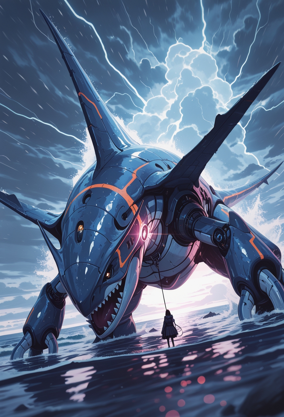 masterpiece, best quality, good quality, very aesthetic, absurdres, newest, 8K, depth of field, focused subject, 1girl, solo, holding megalodon on a leash, riding on megalodon, ocean, storm, sci-fi, lighting, attack, dynamic angle, 
,in the style of cknc,
<lora:ck-shadow-circuit-IL:0.6>
<lora:MoriiMee_Gothic_Niji_Style_Illustrious_r1:0.4>
<lora:ck-nc-cyberpunk-IL-000011:0.4>