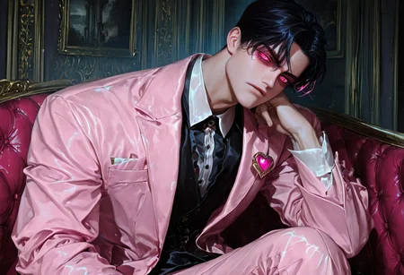 GoonJuice, anime-style, (masterpiece, best quality, absurdres, highres), amazing quality, very aesthetic, (volumetric lighting), digital art style, drawn aesthetic, concept painting, ultrahigh definition, (((male focus, solo))), Italian man with short black hair, black sharp eyes. , ((wearing a pink suit)). handsome face, sharp features, Soft lighting, elegant shading, detailed shadows, ((sitting on a couch in a dark room, tired expression, tilted head, (((holding a jeweled heart))),  Detailed hair, detailed eyes, immersive background, absurd res, masterpiece, best quality, high resolution, 4k, perfect illustration,((looking at viewer))