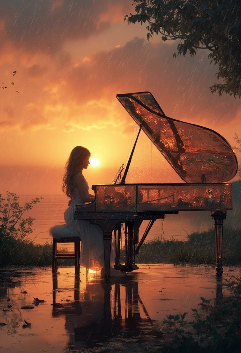 girl standing outside in the rain at beautiful peach sunset, playing a glass see through grand piano