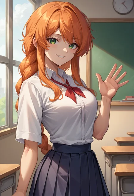 score_9, score_8_up, source_anime, 1girl, solo, FlammeFrieren, orange hair, green eyes, long hair, braided ponytail, classroom, window, school uniform, dress shirt, pleated skirt, waving at viewer, smile, <lora:ChamFlammePonyXL:1>