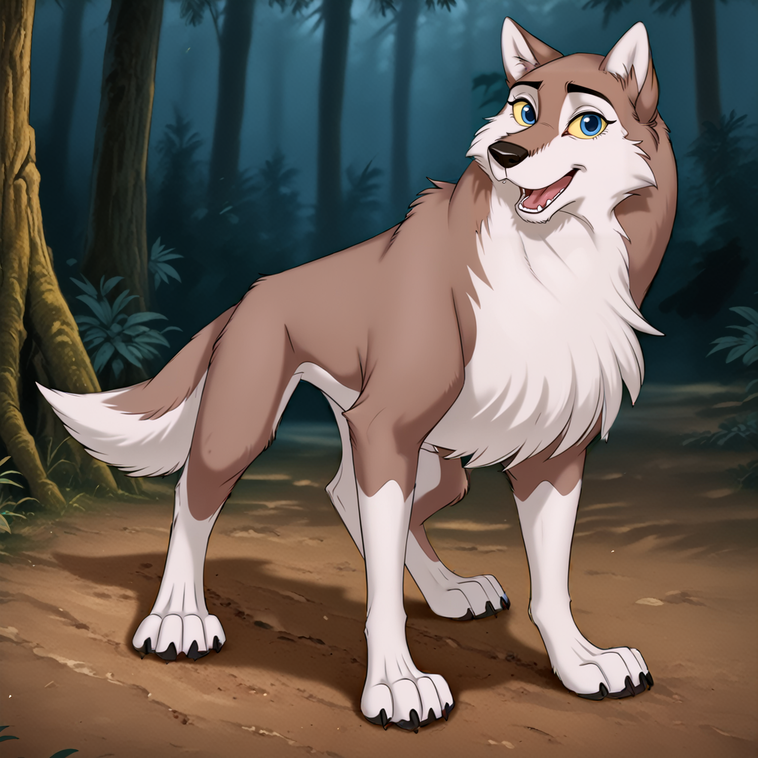 BREAK <lora:Aleu:0.8> (aleu, wolf, two tone fur, blue eyes, yellow sclera, ) open mouth, happy, feral, large paws, claws,  <lora:Meesh_Style_PonyXL:0.5> by meesh, |woods| (three toed paws),<lora:Cervina7_Cervina_Artist_Style_PonyXL:0.2> by cervina7, |full body|, <lora:DetailedFur:0.1> fur, detailed fur, body fur, tuft, fluffy, detailed eyes, detailed face, playful dog, detailed paws, <lora:Truegrave9_Style:0.1> by truegrave9