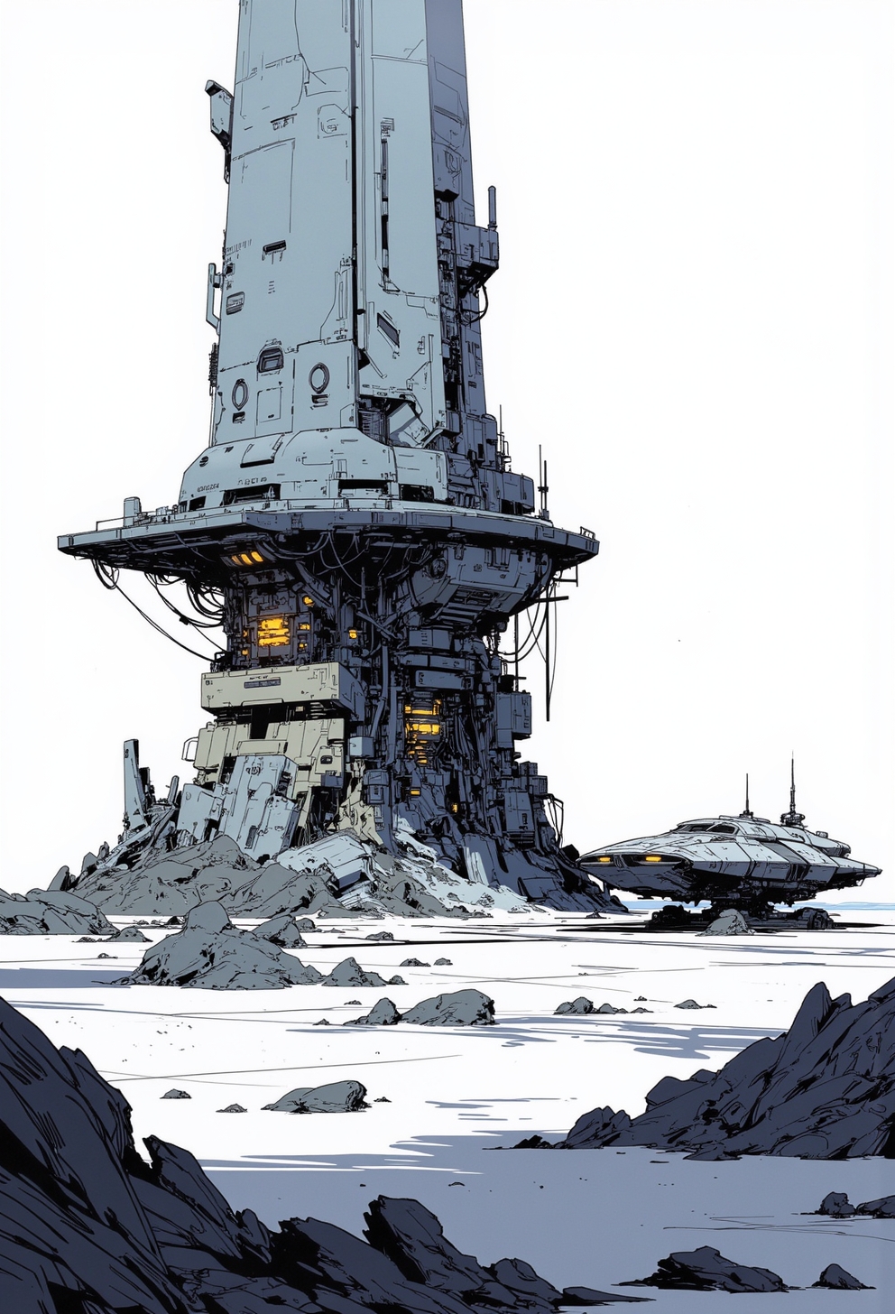 manga, anime, inksketch, minimalist digital illustration, A digital artwork in the style of cknc, a watchtower with a landing platfrom, a spaceship in sideview on the landing platform.
S1n0z1ck style, A digital artwork in the style of bladerunner.
<lora:s1n0z1ck-flux-test-lora:0.3>  <lora:Anime v1.3:0.6>
<lora:ck-Sommo-Concept-Art:0.6>
<lora:ck-nc-pastel-cyberpunk:0.2>
<lora:ck-shadow-circuit:0.3>
<lora:ck-MetalGearSolid:0.45>