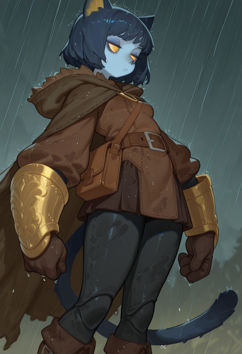 F3n6l1, masterpiece, very aesthetic, absurdres, (solo:1.5),
expressive eyes, beautiful detailed eyes:1, perfect face, thief cloak, fur trim, long sleeve tunic, belt, satchel, black leggings, boots, long gloves, long boots, skirt, dirty clothes, dark clothing, brown and black clothes, thick clothes, bracers, rogue, thief, fantasy, woods, hood down, thick gloves, gold forearm bracers, fantasy medieval town, blue cat ears, blue cat tail, (blue skin: 1.4), colored skin, yellow eyes, cat pupils, dark blue hair, medium hair, bobcut, doll joints, bored, jitome, blue eyeshadow, flat breasts, medium hips, short, dark blue ears, dark blue tail, gold inner ear, gold details, raining, wet clothes, wet skin, wet hair,