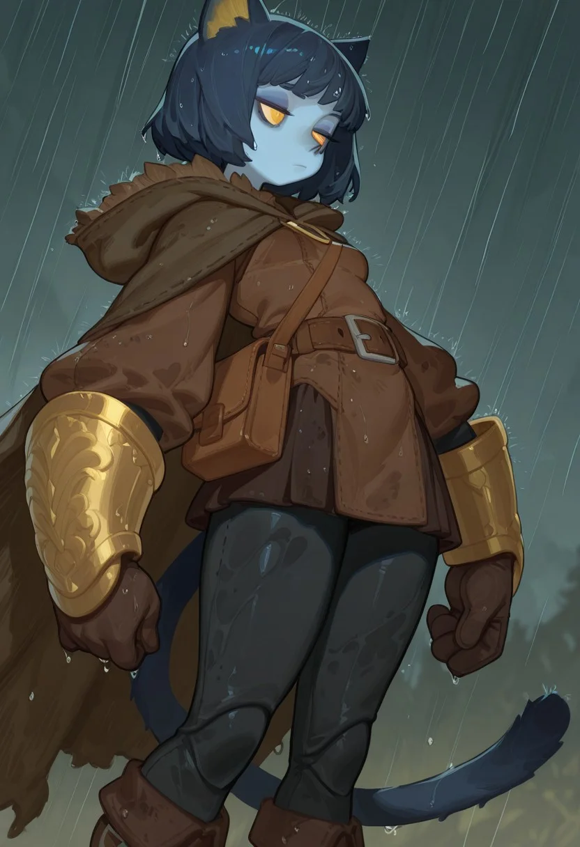 F3n6l1, masterpiece, very aesthetic, absurdres, (solo:1.5),
expressive eyes, beautiful detailed eyes:1, perfect face, thief cloak, fur trim, long sleeve tunic, belt, satchel, black leggings, boots, long gloves, long boots, skirt, dirty clothes, dark clothing, brown and black clothes, thick clothes, bracers, rogue, thief, fantasy, woods, hood down, thick gloves, gold forearm bracers, fantasy medieval town, blue cat ears, blue cat tail, (blue skin: 1.4), colored skin, yellow eyes, cat pupils, dark blue hair, medium hair, bobcut, doll joints, bored, jitome, blue eyeshadow, flat breasts, medium hips, short, dark blue ears, dark blue tail, gold inner ear, gold details, raining, wet clothes, wet skin, wet hair,
