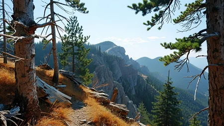 A professional scenic photography of the view On a lofty mountain ridge where weathered white pines jut at odd angles. At summer midday, bright sun crowns the ridge, crisp shadows carve every pine limb, and a thin breeze stirs sun-warmed needles. ,, masterpiece, best quality, amazing quality, very aesthetic, high resolution, ultra-detailed, absurdres, scenery, film grain, HDR, 8K, high contrast, realistic, cosplay, muted lithing, sharp focus, (chromatic aberration), fine details,