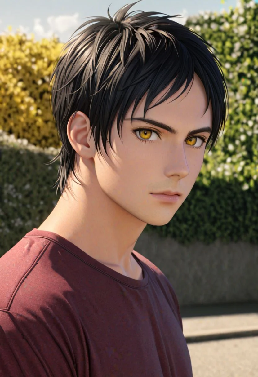 photorealistic, (4k), extremely detailed, hyper detailed, high resolution, professional photography, best quality, 1boy, solo, male focus, easynegative, Sasuke Tsubaki, Black Hair, outdoor, 3/4 body, casual, yellow eye