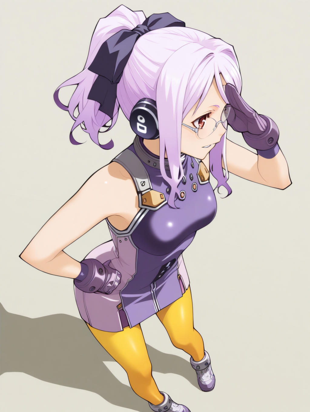 perfect quality,best quality,absolutely eye-catching,ambient occlusion,raytracing BREAK
1girl,<lora:SO4weruti IL v1.1:1>,SO4weruti,purple hair,ponytail,headphones,ribbon,glasses,red eyes,purple dress,sleeveless,gloves,yellow pantyhose,shoes,solo,, from above, looking away,profile,leaning_forward,finger_gun,salute,knees_to_chest,