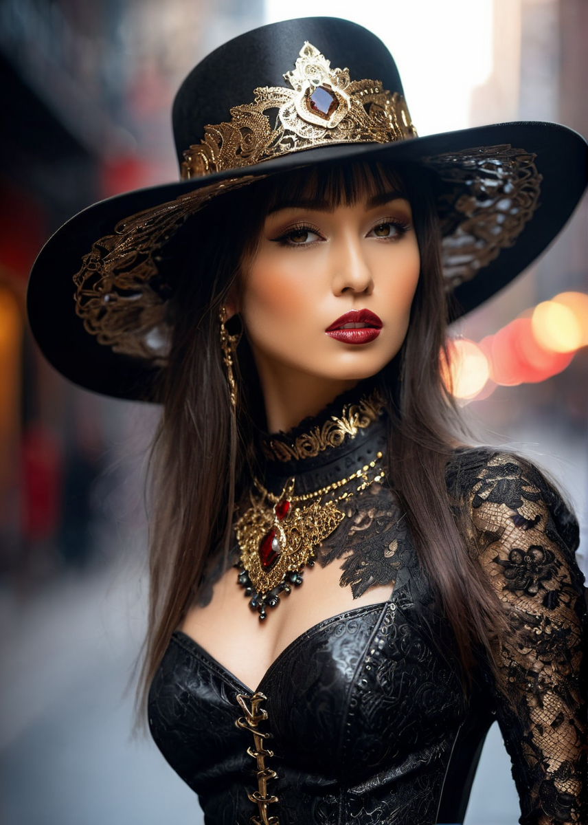 a captivating masterpiece of a woman, (((dressed in a western outfit, hat))), ((upper body)), face, The intricate lace and gold details exude a very rebellious aura. ((The use of high-shine gloss adds a touch of glamour to the look)), ((while the deep red and black hues give it a dramatic vibe)), background is a street in New York, blurred background, studio ligthing, facing camera, shallow depth of field, (art by luis royo:1.2), <lora:MS_Aika_Yumeno_V2_SDXL:0.8>