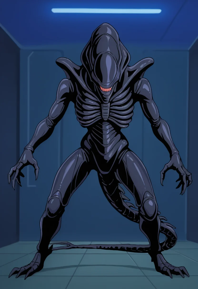 best quality, masterpiece, absurdres, newest, highly detailed, (official style: 1.1), cartoon, parody,
<lora:TMNT_1987_-_Cartoon_Screen_Captured_Style:1> 1987tmnt5tyl3, sci-fi, xenomorph alien, black skin, colored skin, tail, claws,