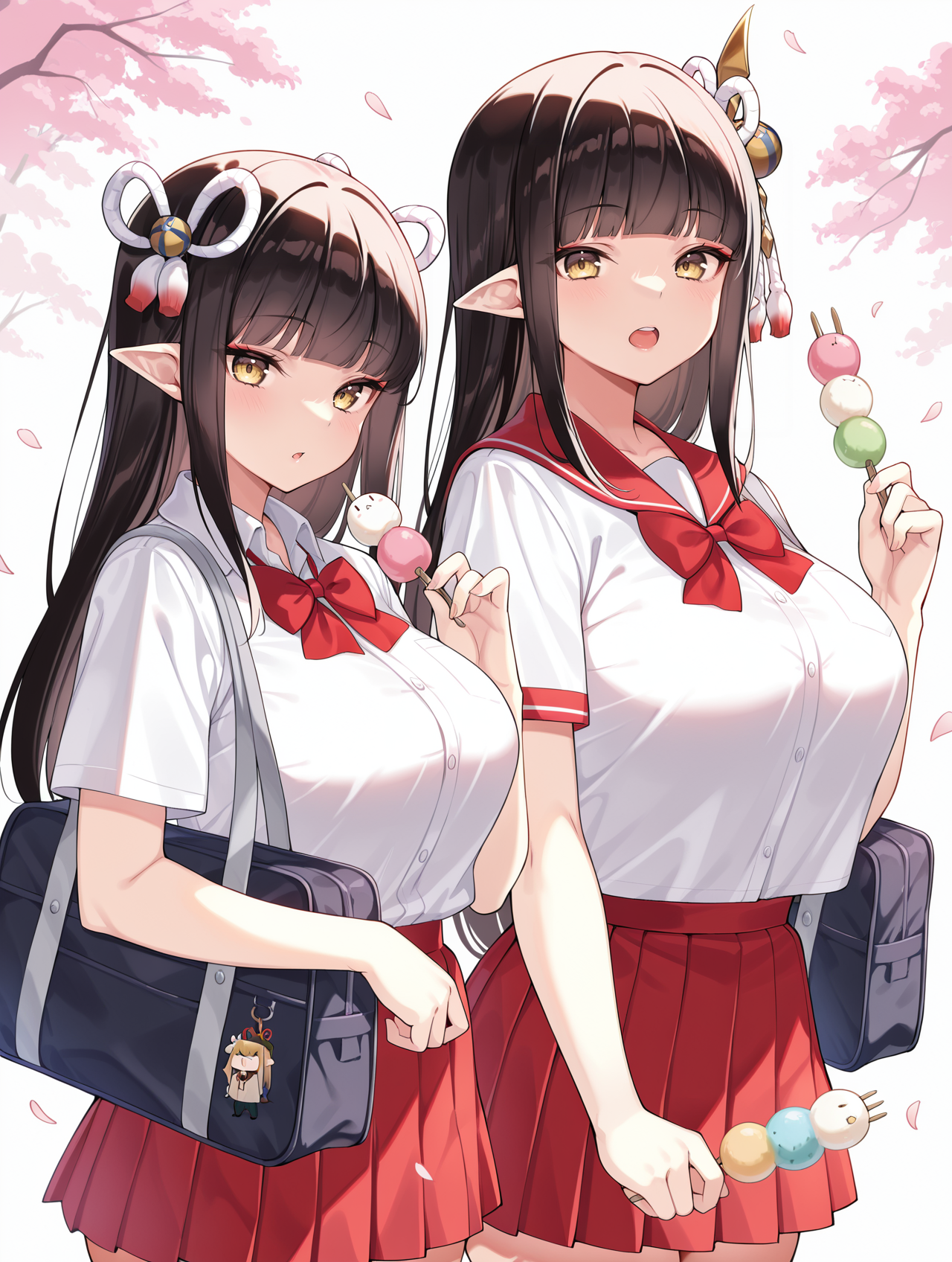 twins, minoto, hinoa, 2girls, sanshoku dango, looking at viewer, large breasts, school bag , open mouth, white background, side hair ornament, double hair ornament, school uniform, red mini skirt, white shirt, red collar, red bow, holding sanshoku dango, upper body, school, cherry blossoms, petals, 
masterpiece,best quality,amazing quality,very aesthetic,absurdres,newest,<lora:Minoto and Hinoa illuXL v1.1:0.8>,