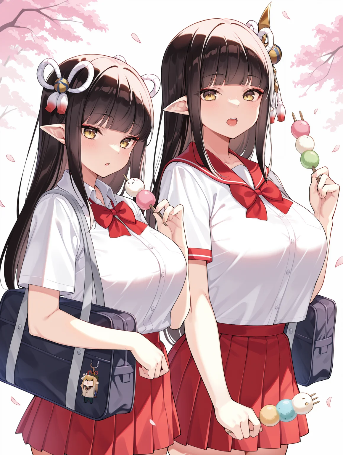 twins, minoto, hinoa, 2girls, sanshoku dango, looking at viewer, large breasts, school bag , open mouth, white background, side hair ornament, double hair ornament, school uniform, red mini skirt, white shirt, red collar, red bow, holding sanshoku dango, upper body, school, cherry blossoms, petals,
masterpiece,best quality,amazing quality,very aesthetic,absurdres,newest,<lora:Minoto and Hinoa illuXL v1.1:0.8>,
