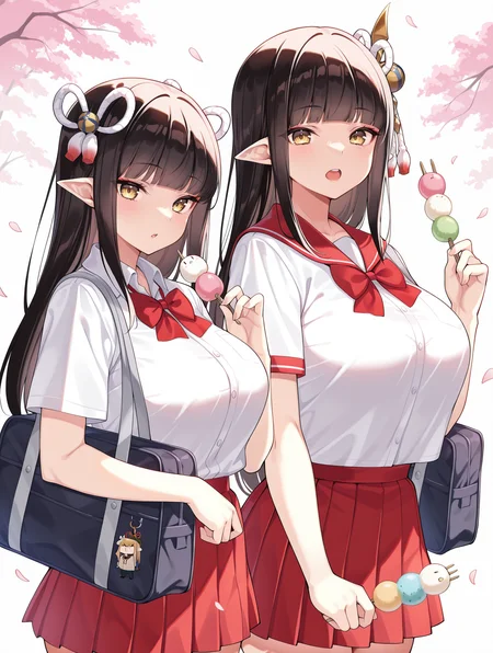 twins, minoto, hinoa, 2girls, sanshoku dango, looking at viewer, large breasts, school bag , open mouth, white background, side hair ornament, double hair ornament, school uniform, red mini skirt, white shirt, red collar, red bow, holding sanshoku dango, upper body, school, cherry blossoms, petals,
masterpiece,best quality,amazing quality,very aesthetic,absurdres,newest,<lora:Minoto and Hinoa illuXL v1.1:0.8>,