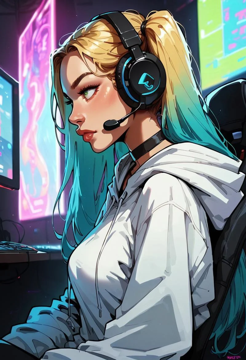 score_9, score_8_up, score_7_up, score_6_up, Jabstyle, 1girl, solo, two-toned hair, blonde hair, aqua hair, long twintails, green eyes, perfect face, thick eyeliner, medium perky breasts, perfect detailed face, black choker, long oversized hoodie, gaming headset, sitting on chair, gaming chair, on computer, serious expression, Expressiveh, side view, dynamic angle, low angle, speaking, detailed background, indoors, gamer bedroom, night, neon lights, desk computer, highly detailed