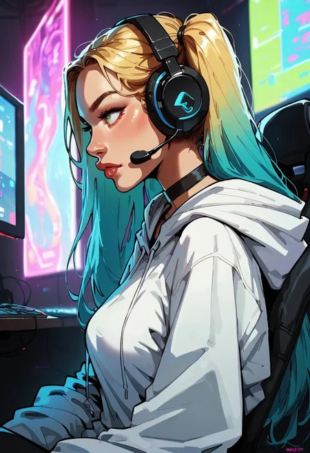 score_9, score_8_up, score_7_up, score_6_up, Jabstyle, 1girl, solo, two-toned hair, blonde hair, aqua hair, long twintails, green eyes, perfect face, thick eyeliner, medium perky breasts, perfect detailed face, black choker, long oversized hoodie, gaming headset, sitting on chair, gaming chair, on computer, serious expression, Expressiveh, side view, dynamic angle, low angle, speaking, detailed background, indoors, gamer bedroom, night, neon lights, desk computer, highly detailed