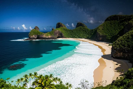 A professional landscape photography  On a hidden Brazilian cove at Fernando de Noronha where verdant cliffs meet turquoise water and palms crown rocky ledges, At blue hour, (indigo hush:1.14) palm silhouettes blend into cliffs, water glows faintly under starlight.,, Masterpiece,best quality,realistic,HDR, 8K, masterpiece, absurdres, highly aesthetic,realistic anatomy,focus on realism and natural details, fine details