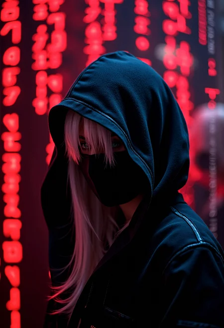 Photorealistic photography of a cyberpunk hacker, a hooded figure with white hair, surrounded by floating red digital code, in a dark, futuristic setting.











