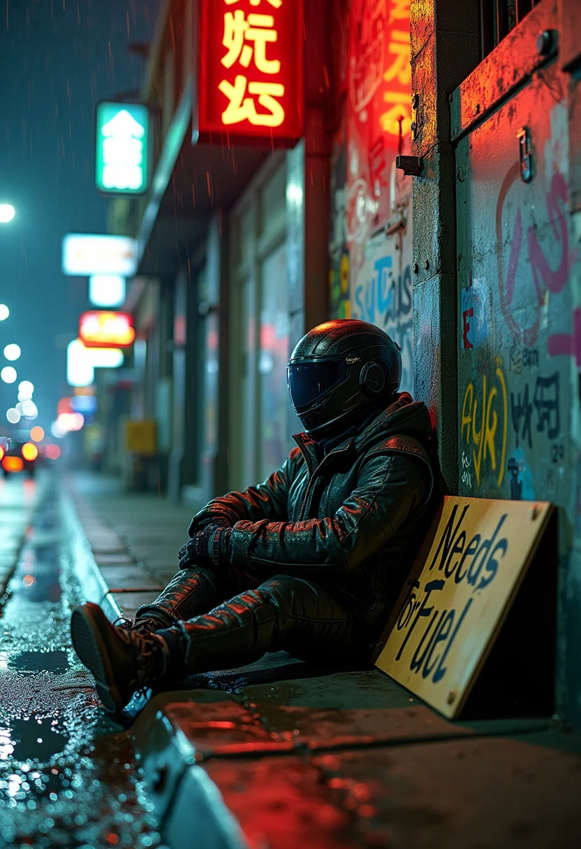A gritty, futuristic city street at night. Neon lights reflecting off rain-slicked sidewalks. A beggar is sitting beside a motocycle, cybernetically enhanced clothing beside a graffiti-covered wall, holding a carton sign that say "Need buzz for fuel."
