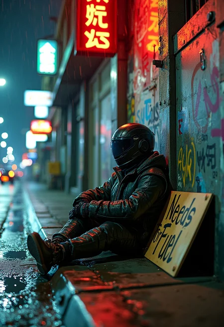 A gritty, futuristic city street at night. Neon lights reflecting off rain-slicked sidewalks. A beggar is sitting beside a motocycle, cybernetically enhanced clothing beside a graffiti-covered wall, holding a carton sign that say "Need buzz for fuel."