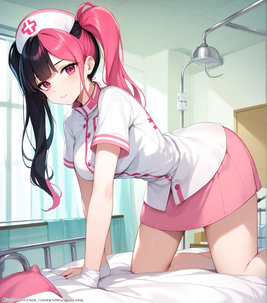 score_9, score_8_up, score_7_up, score_6_up, rating_safe, anime_source, zoe_rayne,
nurse, hospital, hospital bed,
1girl, solo, long hair, bangs, black hair, hat, twintails, pink hair, multicolored hair, pink eyes, two-tone hair, split-color hair,
large breasts, detailed background,
<lora:zoe_rayne:1>