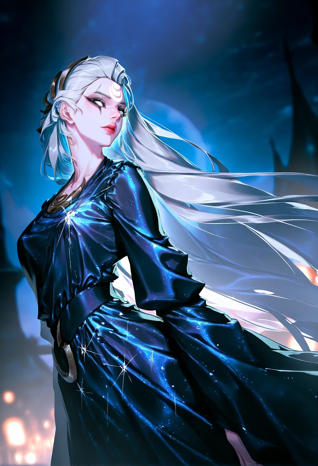 (masterpiece:1.2),best quality,very aesthetic,vignetting,dark,
momofuki rio,(rolua:1.2),1girl, diana \(league of legends\), league of legends, solo, crescent facial mark,forehead mark, nose, facial mark, nose,white eyes,long hair, white hair, lips, dress, sparkly dress, night, scenery,