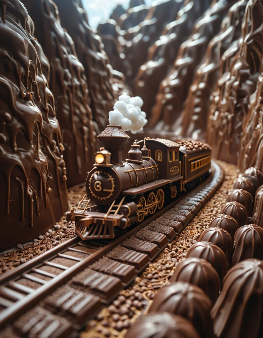 cinematic still train made from chocolate, portrait, candyland . emotional, harmonious, vignette, 4k epic detailed, shot on kodak, 35mm photo, sharp focus, high budget, cinemascope, moody, epic, gorgeous, film grain, grainy, train made from chocolate, portrait, candyland, highly detailed, full color, epic cinematic, magical atmosphere, sunny, vivid, sharp focus, inspired very intricate, perfect composition, symmetry, fine, fair, artistic, ambient light, dynamic background, professional, thought, magic, amazing, creative, positive, unique, pure, attractive, calm, exquisite, focused, loving