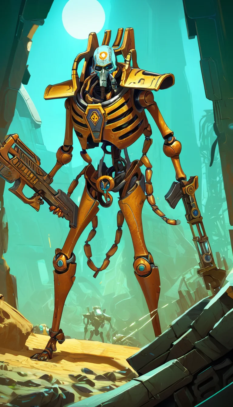 Indie game art,(Necrons, scenery, detailed background, masterpiece, best quality, high quality, absurdres <lora:necrons_xl_v1:1>), (Vector Art, Borderlands style, Arcane style, Cartoon style), Line art, Disctinct features, Hand drawn, Technical illustration, Graphic design, Vector graphics, High contrast, Precision artwork, Linear compositions, Scalable artwork, Digital art, cinematic sensual, Sharp focus, humorous illustration, big depth of field, Masterpiece, trending on artstation, Vivid colors, trending on ArtStation, trending on CGSociety, Intricate, Low Detail, dramatic