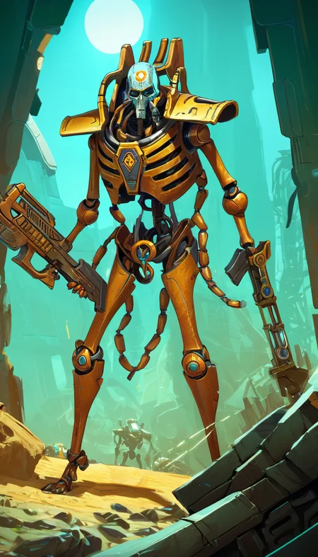 Indie game art,(Necrons, scenery, detailed background, masterpiece, best quality, high quality, absurdres <lora:necrons_xl_v1:1>), (Vector Art, Borderlands style, Arcane style, Cartoon style), Line art, Disctinct features, Hand drawn, Technical illustration, Graphic design, Vector graphics, High contrast, Precision artwork, Linear compositions, Scalable artwork, Digital art, cinematic sensual, Sharp focus, humorous illustration, big depth of field, Masterpiece, trending on artstation, Vivid colors, trending on ArtStation, trending on CGSociety, Intricate, Low Detail, dramatic