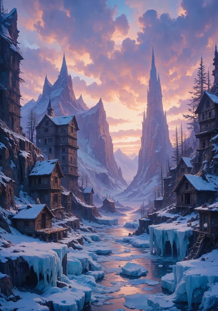 Haunting yet serene arctic ghost town, abandoned wooden structures partially submerged beneath translucent ice, illuminated by a melancholic sunset. Pastel peach and lavender gradients bleed across stratified cirrus clouds, casting long violet shadows across crystalline frozen surfaces. Atmospheric temperature inversion creates distinct chromatic aberration, with prismatic refractions dancing through ice crystals suspended in frigid air. Painterly brushstrokes reminiscent of expressionist technique capture the loneliness of human absence against nature's twilight spectacle. Volumetric light shafts penetrate partially collapsed structures, illuminating swirling motes of diamond dust. The interplay of warm solar illumination against the cold blue shadows creates profound emotional dissonance. Ultra-detailed ice textures with micro-fractal patterns. 8K cinematic composition, extreme sharpness, photorealistic rendering with masterful depth of field. <lora:flux_hyperkraximalism-balanced:0.8> <lora:FluxMythG0thicL1nes:0.7> <lora:NeonFantasyPrimeFLUX-000049:0.4> <lora:Memadukan_Brush_Strokes_of_Fineart:0.5> <lora:It's a LoRA for portraits, BUT! actually specialized in backgrounds. v1.0:0.7> <lora:flux_dev:1>