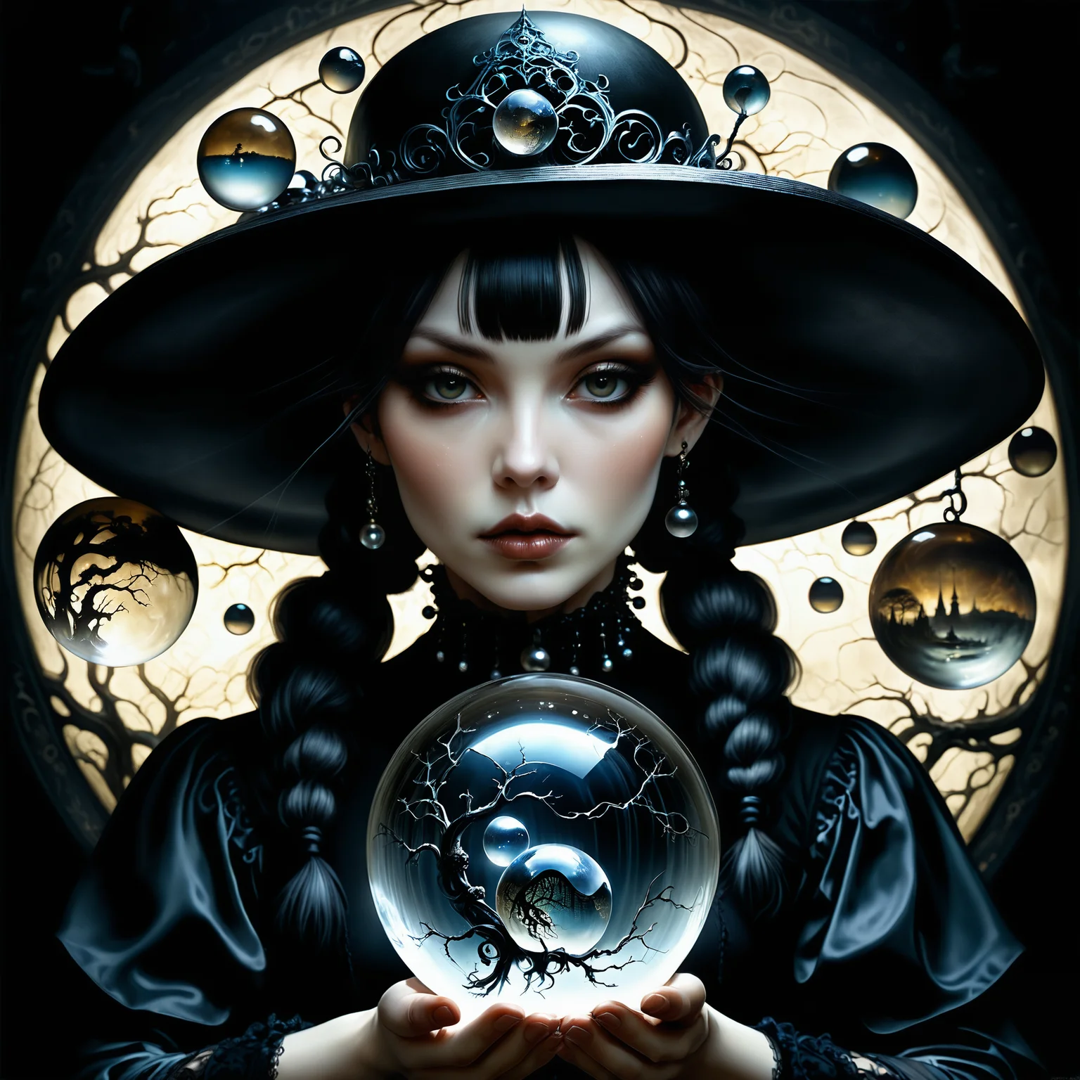 Jed-Gball,Jed-Glassball, <lora:Jed-Glassball:0.7>, dark art of a (Woman:1.1) ,  the Woman is wearing a Wide-brimmed hat, the Woman has Pigtails hair, Illustration, gothic and surreal style, dark and atmospheric imagery, intricate detail, portrait , beautiful elegant, warm light, radiant, fine polished, professional fine composition
