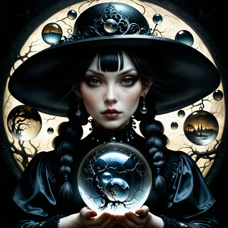 Jed-Gball,Jed-Glassball, <lora:Jed-Glassball:0.7>, dark art of a (Woman:1.1) ,  the Woman is wearing a Wide-brimmed hat, the Woman has Pigtails hair, Illustration, gothic and surreal style, dark and atmospheric imagery, intricate detail, portrait , beautiful elegant, warm light, radiant, fine polished, professional fine composition