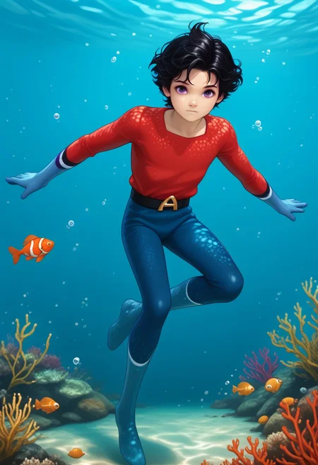 Underwater, fish, bubbles, 1boy, solo, cute boy, floating underwater, fully submerged, Aqualad, Black Hair, Purple eyes, red shirt, blue gloves, blue pants, red boots, belt
