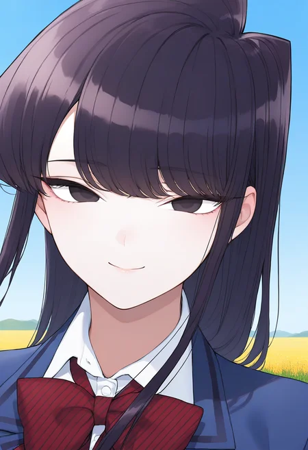 smile, closed mouth,
komi_shouko, black eyes, black hair, long hair, school uniform, red bowtie, blue jacket, blazer, long sleeves, <lora:komi_shouko_illustrious_ver1:0.8>, masterpiece, best quality, sensitive,, 1girl, solo, (field:1.2), (blue sky:1.2),, (upper body:1.2), (close-up:1.2), (facing viewer:1.2), (open eyes:1.4), (portrait:1.2)