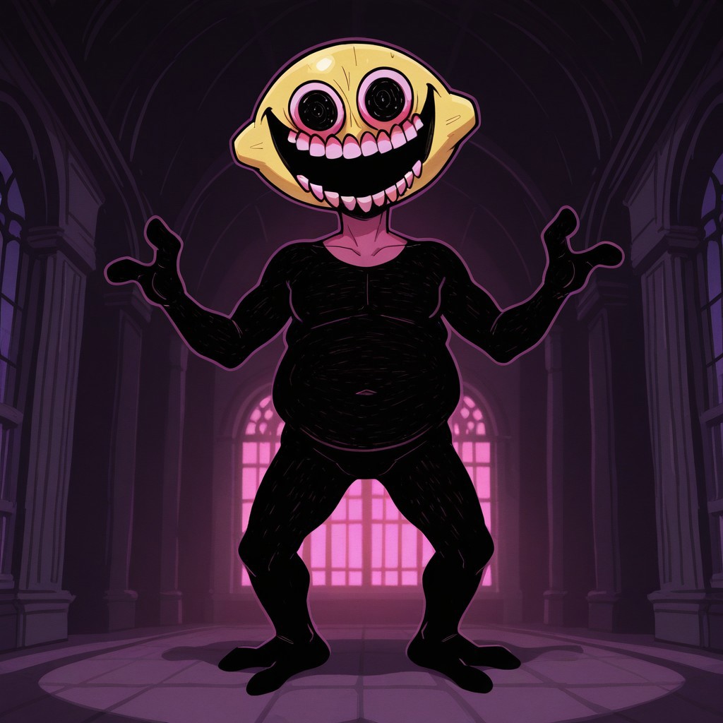 monster_fnf, monster, demon, lemon shaped head, yellow head, violet pink neck, black body, black skin, textured body, 2 fingers on each hand, 2 toes on each foot, bloodshot eyes, exposed teeth, teeth, big eyes, big pupils, chubby, solo, full body, standing, no humans, open mouth, looking at viewer, male, 1boy, solo male, volumetric lighting, perfect lighting, masterpiece, amazing quality, ultra-detailed, no humans, mansion, dark lighting, dark, night time, spooky lighting
