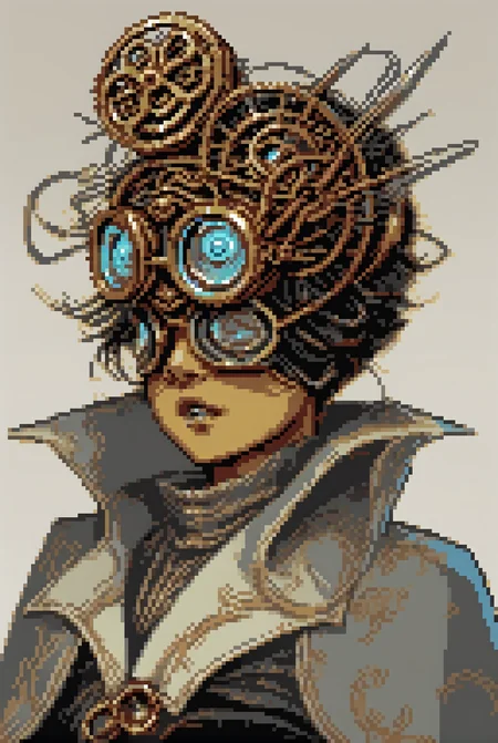 A character with intricate brass goggles perched on their forehead, wearing a Victorian-era jacket adorned with gears and copper wires. They have a mechanical arm made of polished brass and intricate clockwork, holding a glowing, etheric device. <lora:pixelportraits192-v1-2151:0.75>