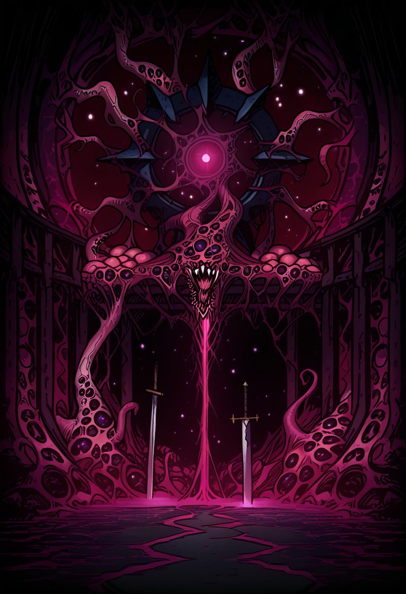 AMAZING QUALITY, MASTERPIECE, DW0, DARK TOON, SCENERY, DARKEST, ARENA, PLANTED SWORD, FLESH, EDLRITCH ABOMINATION, SHARP TEETH, GLOWING EYES, COSMIC, PORTAL, LIGHT PARTICLES