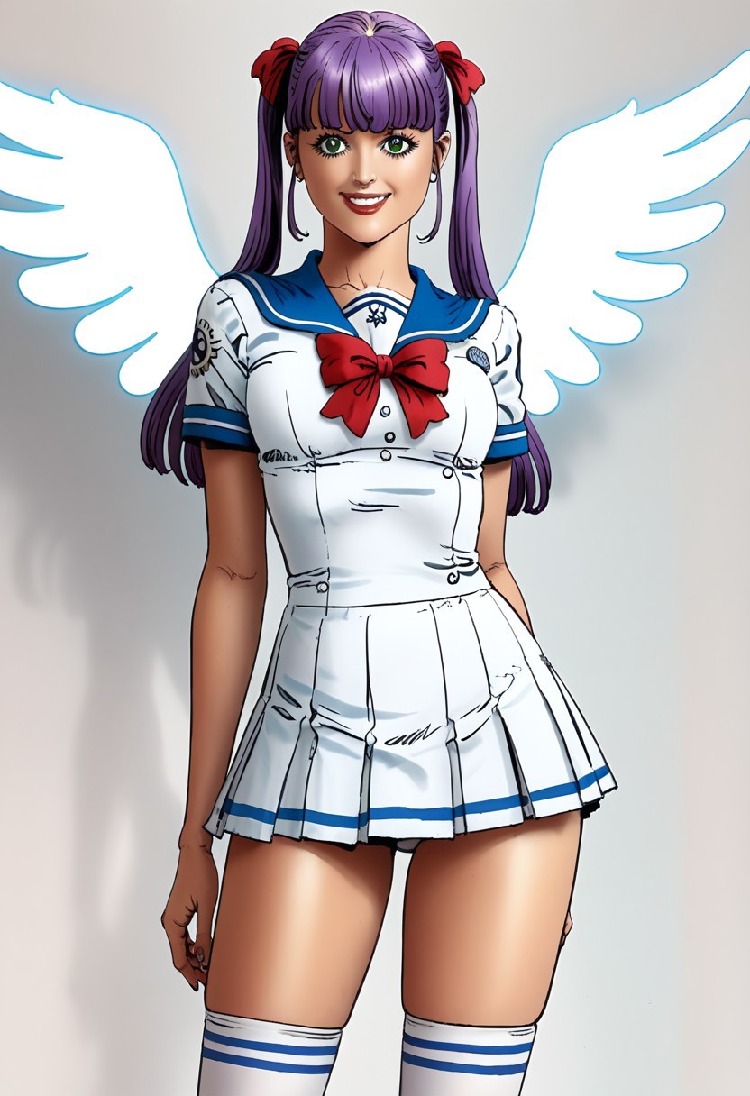 score_9, score_8_up, score_7_up, score_6_up,  (chiaroscuro lighting)  source_cartoon, cartoon, (f3rn4nd0:1.3), (line art).  BREAK. 
hikari, angel,purple hair,green eyes, long hair, twintails,bangs, blunt bangs, short twintails, low twintails,  
huge breasts, cleavage, bursting cleavage
 adult woman, beautiful woman, curvy woman, very wide hips, thin thighs, thigh gap, sexy, face focus, cute face, very detailed facial features, perfect nose, extremely detailed eyes, extremely detailed iris, small breasts, perfect breasts, 
dress, one piece dress, school uniform dress, white dress, pleated dress, white thighhigh stockings, red bow,
smiling, looking at viewer, 
solo, (white background:1.2)