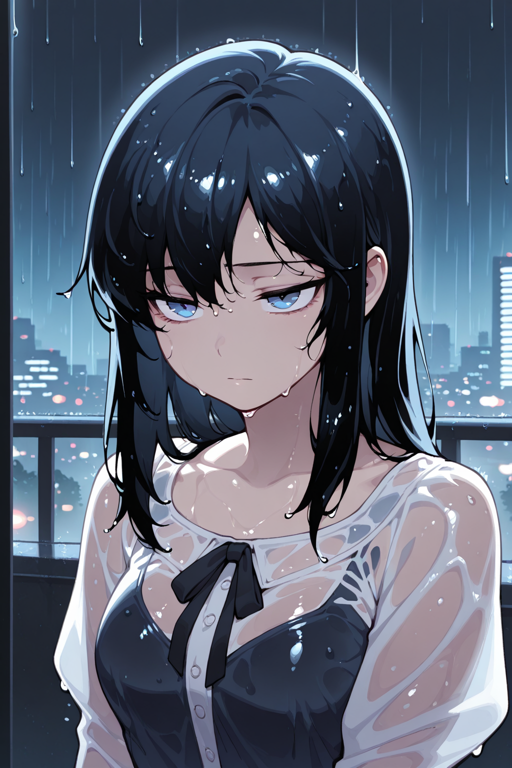 masterpiece, best quality, amazing quality, backlighting, cinematic, hdr, upper body,1girl, korean, wet hair, bangs,blue eyes, raining, blouse,night, city, depressed