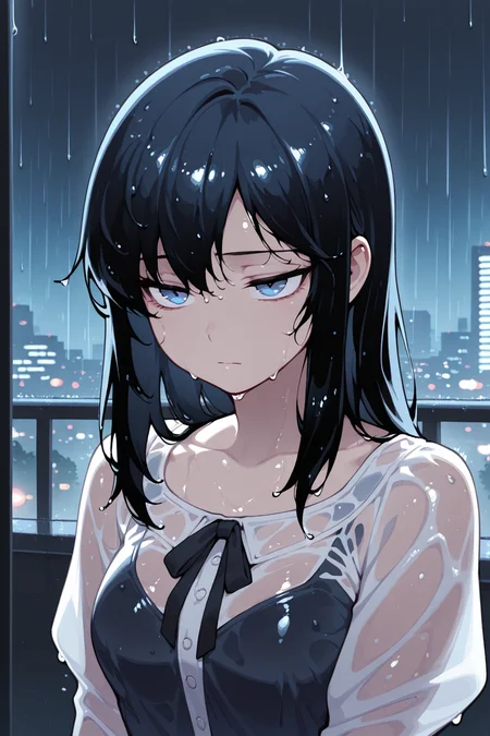 masterpiece, best quality, amazing quality, backlighting, cinematic, hdr, upper body,1girl, korean, wet hair, bangs,blue eyes, raining, blouse,night, city, depressed