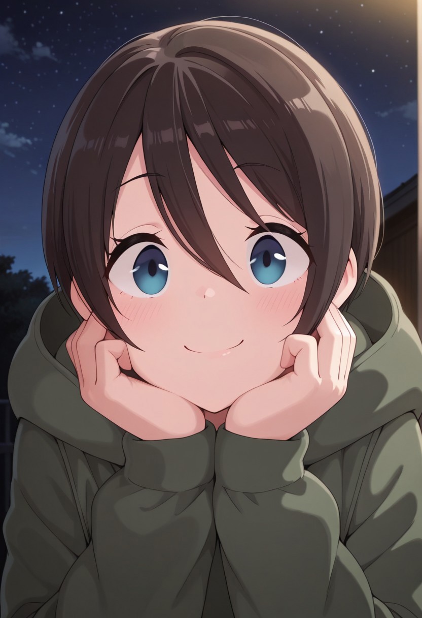 masterpiece,best quality,amazing quality, saito ena, dark brown hair, blue eyes, short hair, 1girl, solo, smile, night, hair between eyes, hood, sky