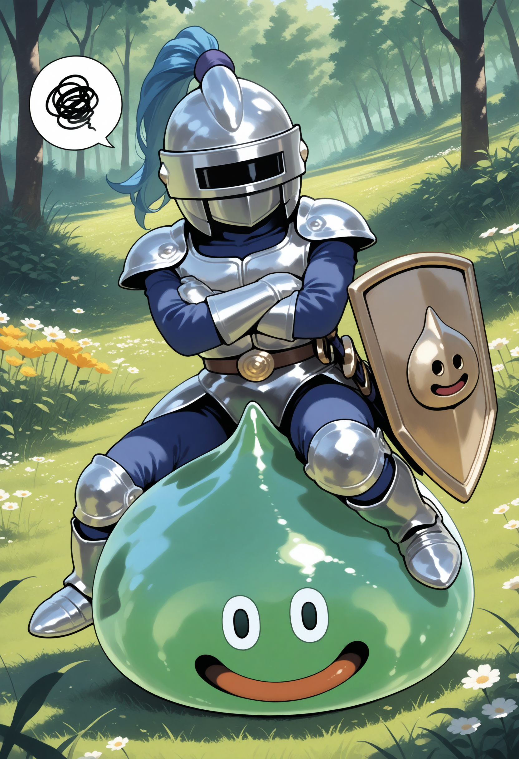 masterpiece,best quality,nature,field,slime knight,slime_(dragon_quest),armor,helmet,knight,riding,green skin,holding sword,holding shield,<lora:slime knight-NAIvPred:0.9>,crossed arms,spoken squiggle,