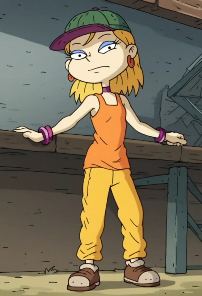 score_9, score_8_up, score_7_up, masterpiece, absurdres, source_cartoon, perfect anatomy, 1girl, solo, AngelicaPickles, black eyes, blonde, make up, earrings, chocker, full body, flat chest, orange tank top, yellow pants, brown shoes, green checkered journalist hat
standing, shoes, front view, look viewer