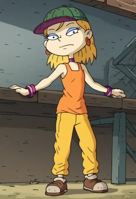 score_9, score_8_up, score_7_up, masterpiece, absurdres, source_cartoon, perfect anatomy, 1girl, solo, AngelicaPickles, black eyes, blonde, make up, earrings, chocker, full body, flat chest, orange tank top, yellow pants, brown shoes, green checkered journalist hat
standing, shoes, front view, look viewer